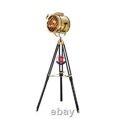 Vintage Brass Spotlight Tripod Floor Lamp Wooden Standing Searchlight