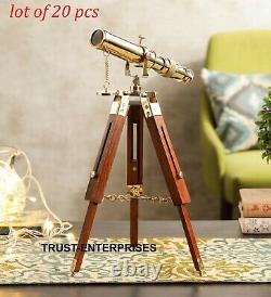 Vintage Brass Spyglass Nautical Table Telescope With Brown Wooden Tripod