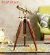 Vintage Brass Spyglass Nautical Table Telescope With Brown Wooden Tripod