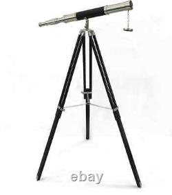 Vintage Brass Telescope Chrome Finish With Wooden Floor Standing Tripod Stand