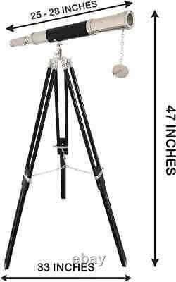Vintage Brass Telescope Chrome Finish With Wooden Floor Standing Tripod Stand