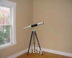 Vintage Brass Telescope Chrome Finish With Wooden Floor Standing Tripod Stand