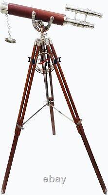 Vintage Brass Telescope Double Barrel nautical Telescope with Wooden tripod Stand