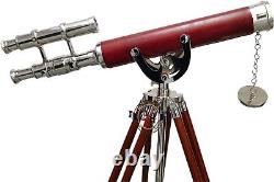 Vintage Brass Telescope Double Barrel nautical Telescope with Wooden tripod Stand