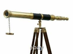 Vintage Brass Telescope On Wooden Tripod Maritime Nautical 50 Tall Replica