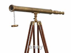 Vintage Brass Telescope On Wooden Tripod Maritime Nautical 60 Tall