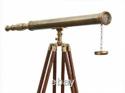 Vintage Brass Telescope On Wooden Tripod Maritime Nautical 60 Tall