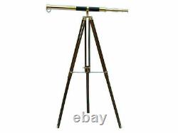 Vintage Brass Telescope On Wooden Tripod Maritime Nautical 60 Tall Gift