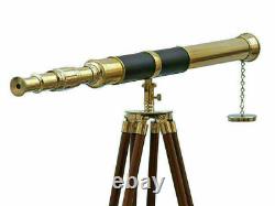 Vintage Brass Telescope On Wooden Tripod Maritime Nautical 60 Tall Gift