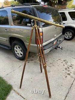 Vintage Brass Telescope On Wooden Tripod Maritime Nautical 62 Tall