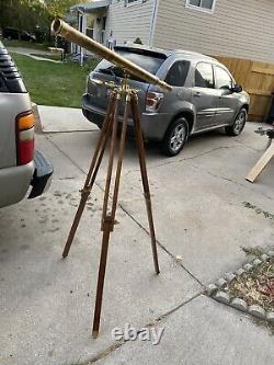 Vintage Brass Telescope On Wooden Tripod Maritime Nautical 62 Tall