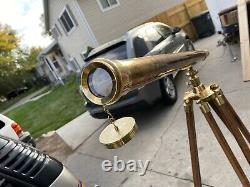 Vintage Brass Telescope On Wooden Tripod Maritime Nautical 62 Tall