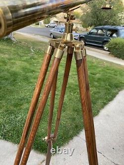 Vintage Brass Telescope On Wooden Tripod Maritime Nautical 62 Tall