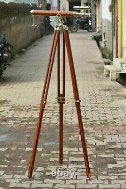 Vintage Brass Telescope With Tripod Stand Wooden Antique Maritime Telescope