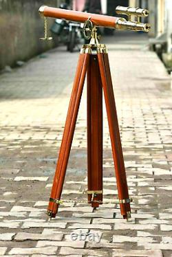 Vintage Brass Telescope With Tripod Stand Wooden Antique Maritime Telescope