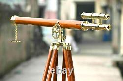 Vintage Brass Telescope With Tripod Stand Wooden Antique Maritime Telescope