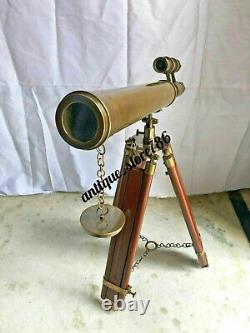 Vintage Brass Telescope With Wooden Tripod Stand 18 Inch Double Barrel Telescop