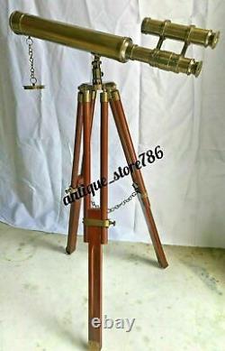 Vintage Brass Telescope With Wooden Tripod Stand 18 Inch Double Barrel Telescope