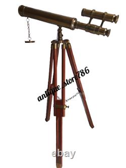 Vintage Brass Telescope With Wooden Tripod Stand 18 Inch Double Barrel Telescope