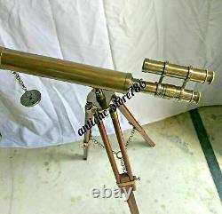 Vintage Brass Telescope With Wooden Tripod Stand 18 Inch Double Barrel Telescope