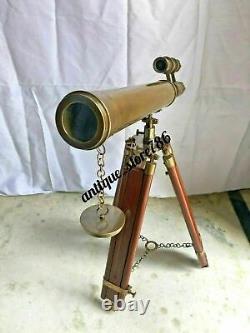 Vintage Brass Telescope With Wooden Tripod Stand 18 Inch Double Barrel Telescope