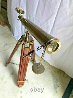 Vintage Brass Telescope With Wooden Tripod Stand 18 Inch Double Barrel Telescope
