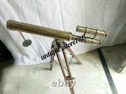 Vintage Brass Telescope With Wooden Tripod Stand 18 Inch Double Barrel Telescope