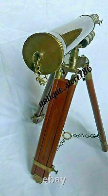 Vintage Brass Telescope With Wooden Tripod Stand 18 Inch Double Barrel Telescope