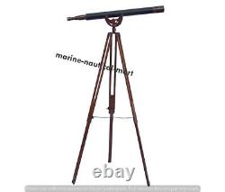 Vintage Brass Telescope With Wooden Tripod Stand Nautical Floor Standing 32 Inch