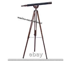 Vintage Brass Telescope With Wooden Tripod Stand Nautical Floor Standing 32 Inch