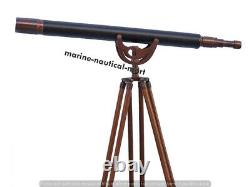 Vintage Brass Telescope With Wooden Tripod Stand Nautical Floor Standing 32 Inch