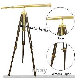 Vintage Brass Telescope With Wooden Tripod Stand Nautical Floor Standing MNM 06