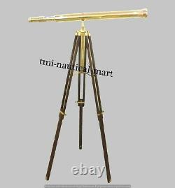Vintage Brass Telescope With Wooden Tripod Stand Nautical Floor Standing MNM 06