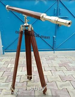 Vintage Brass Telescope With Wooden Tripod Stand Nautical Floor Standing MNM 08