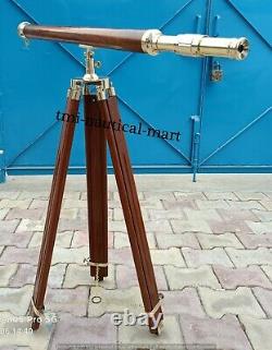 Vintage Brass Telescope With Wooden Tripod Stand Nautical Floor Standing MNM 08