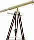 Vintage Brass Telescope With Wooden Tripod Stand Nautical Floor Standing Mnm 269