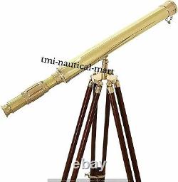 Vintage Brass Telescope With Wooden Tripod Stand Nautical Floor Standing MNM 269