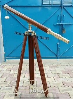 Vintage Brass Telescope With Wooden Tripod Stand Nautical Floor Standing MNM 270