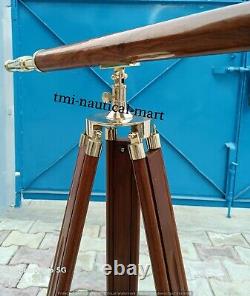 Vintage Brass Telescope With Wooden Tripod Stand Nautical Floor Standing MNM 270