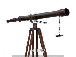 Vintage Brass Telescope With Wooden Tripod Stand Nautical Floor Standing MNM 28