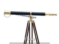 Vintage Brass Telescope With Wooden Tripod Stand Nautical Floor Standing MNM 29