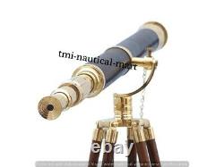 Vintage Brass Telescope With Wooden Tripod Stand Nautical Floor Standing MNM 29