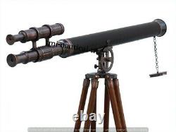 Vintage Brass Telescope With Wooden Tripod Stand Nautical Floor Standing MNM 34