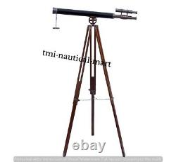 Vintage Brass Telescope With Wooden Tripod Stand Nautical Floor Standing MNM 34