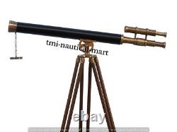 Vintage Brass Telescope With Wooden Tripod Stand Nautical Floor Standing MNM 37