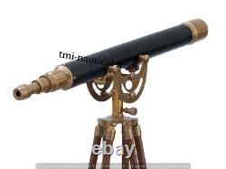 Vintage Brass Telescope With Wooden Tripod Stand Nautical Floor Standing MNM 38