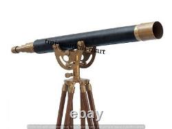 Vintage Brass Telescope With Wooden Tripod Stand Nautical Floor Standing MNM 38