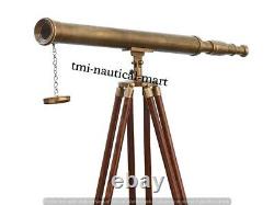 Vintage Brass Telescope With Wooden Tripod Stand Nautical Floor Standing MNM 39