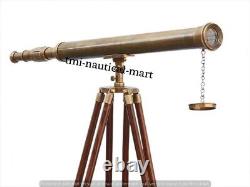 Vintage Brass Telescope With Wooden Tripod Stand Nautical Floor Standing MNM 39
