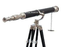 Vintage Brass Telescope With Wooden Tripod Stand Nautical Floor Standing MNM 55